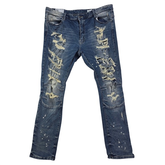 Smoke Rise Other - Smoke Rise Distressed Moto Jeans Mens 42x32 Blue Splatter Ripped Streetwear Y2K